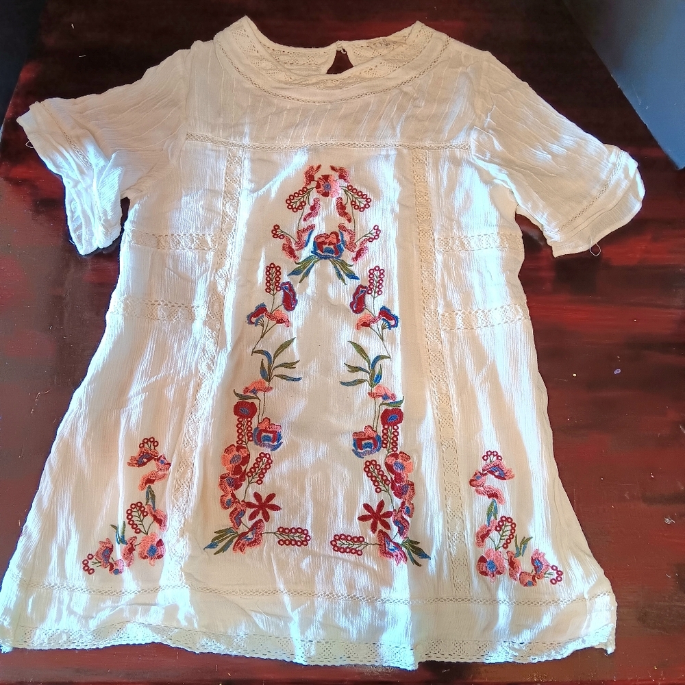 ETWO Womens S White Pink Floral Embroider Short Slv RdNeck Tunic Blouse Top Boho